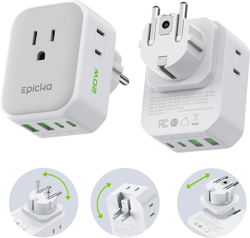 EPICKA Hybrid Travel Plug Adapter, 2 Packs Foldable & Detachable Type EF VisaPlug, 8-in-1 International Power Adapter with 4 USB Ports (2 USB-C PD 20W), Travel Essentials for US to German France - Image 1